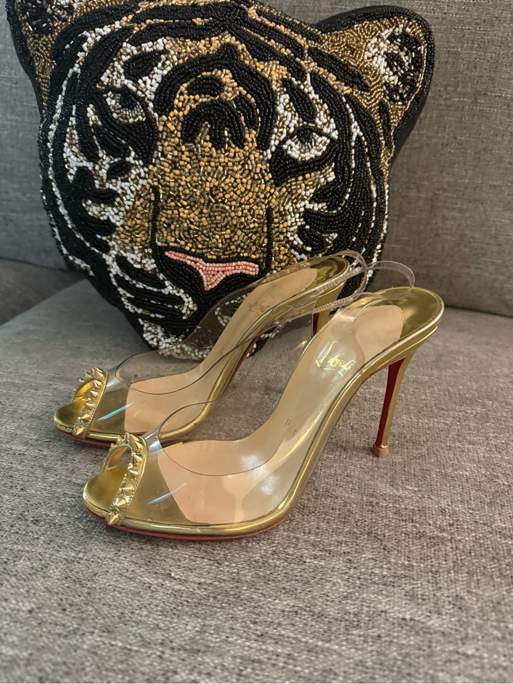 Christian Louboutin Gold and Clear PVC 37.5 Open-Toe Slingback Heels